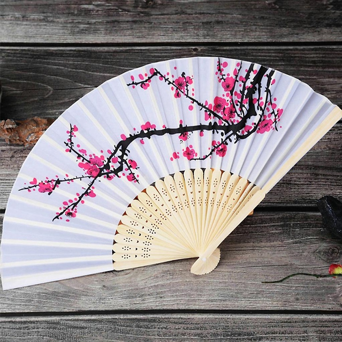QUẠT XẾP CẦM TAY IN HỌA TIẾT HOA ĐƠN GIẢN THANH LỊCH / HỌA TIẾT HOA ANH ĐÀO - HN