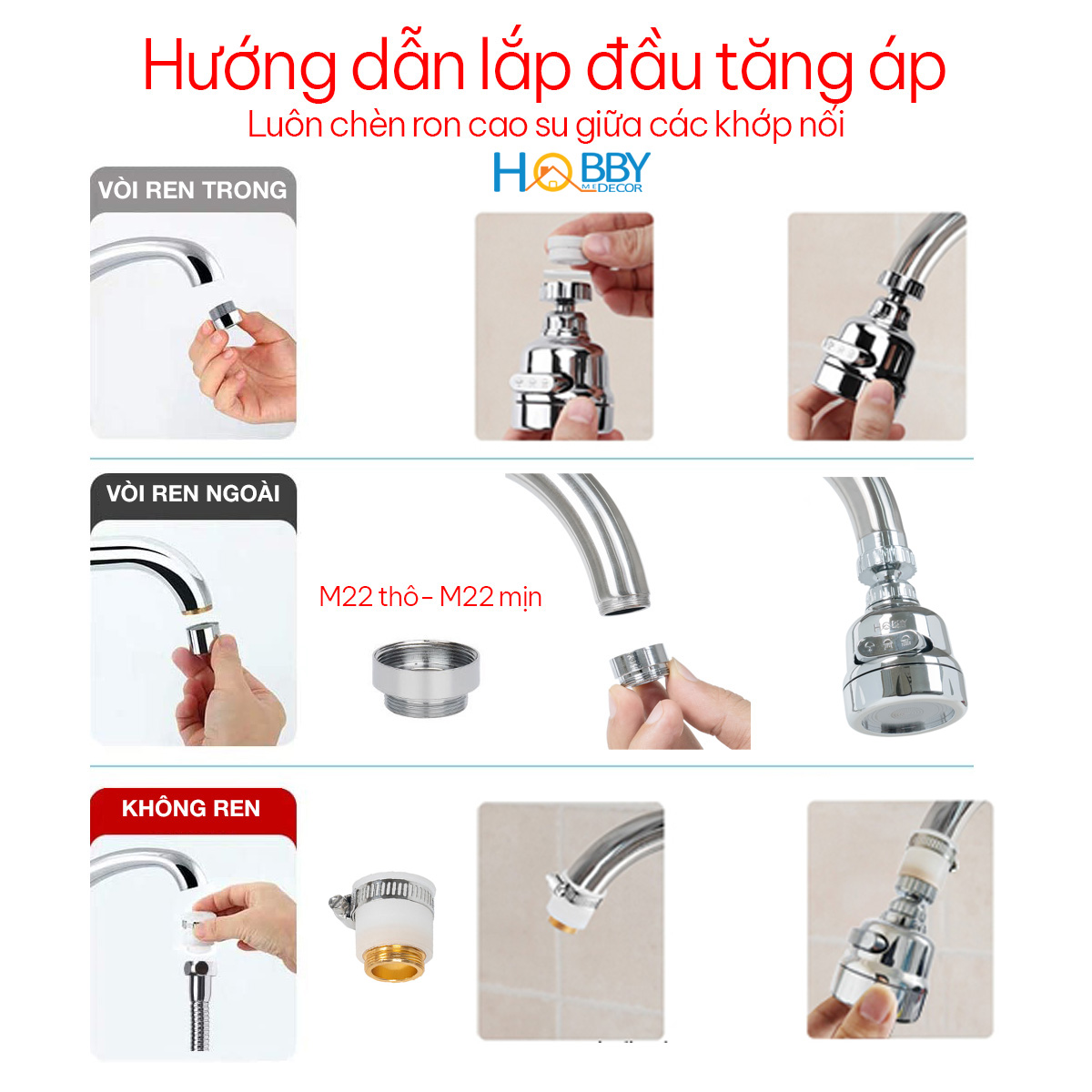 Đầu nối vòi rửa chén tăng áp 3 chế độ phun Hobby home decor VSTA5