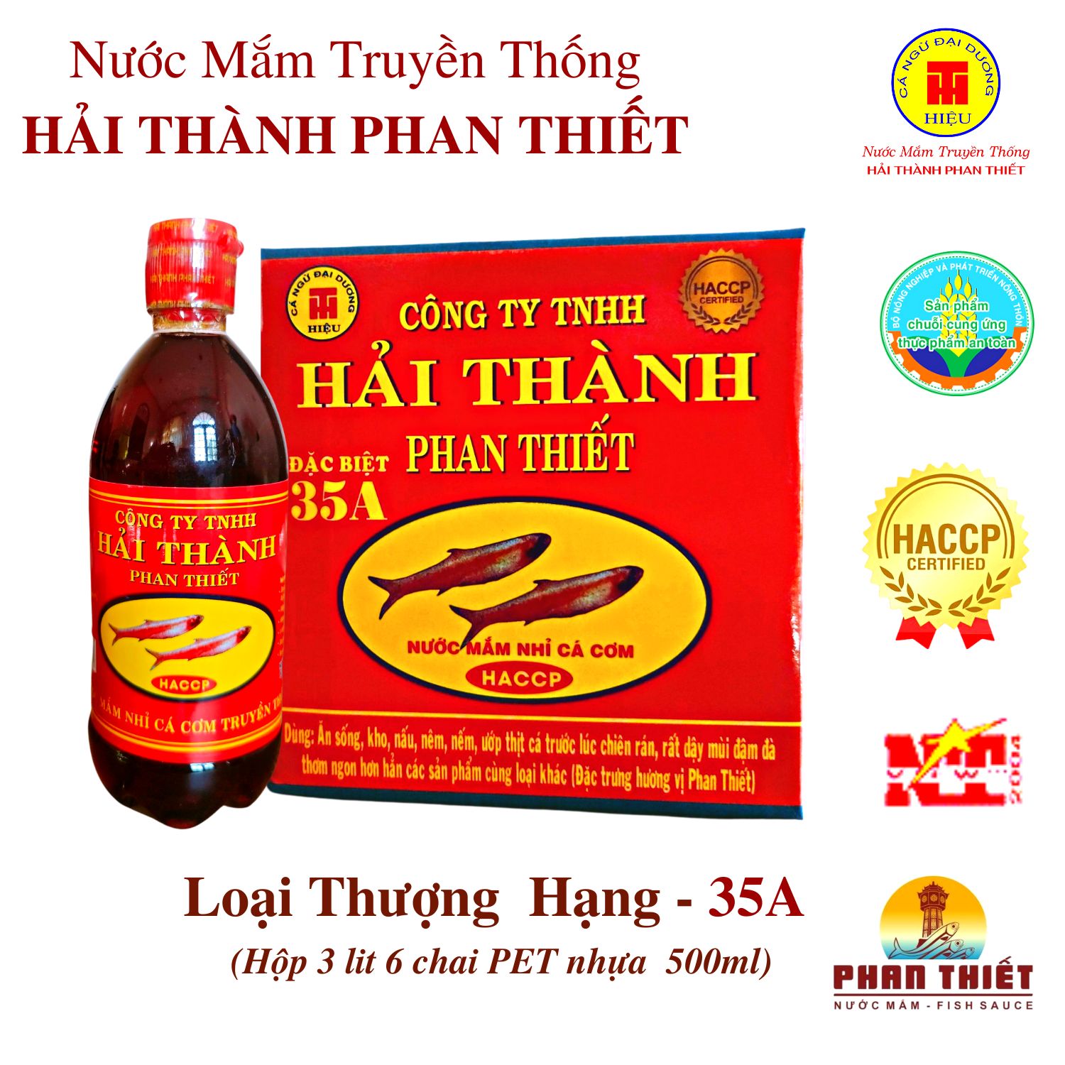 Nước Mắm Cá Cơm Truyền Thống Hải Thành Phan Thiết 35A Nước mắm cá cơm nguyên chất không Ure gây hại, chất bảo quản, cao đạm cá cơm thuần tự nhiên, ưa dùng khẩu vị người Việt. Sản phẩm đã được chứng nhận an toàn, tốt cho sức khỏe HACCP