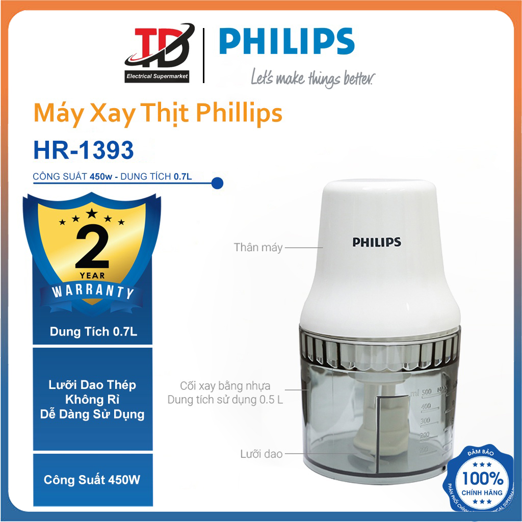 Máy xay thịt Philips HR1393 - Công Suất 450W - Xay Thịt Làm Ruốc, Hàng Chính Hãng