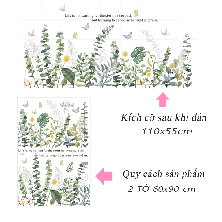 Decal trang trí chất liệu PVC loại 1 dày dặn, sắc nét, trang trí phòng khách, quán cafe- chân tường hoa cỏ- mã sp LV09