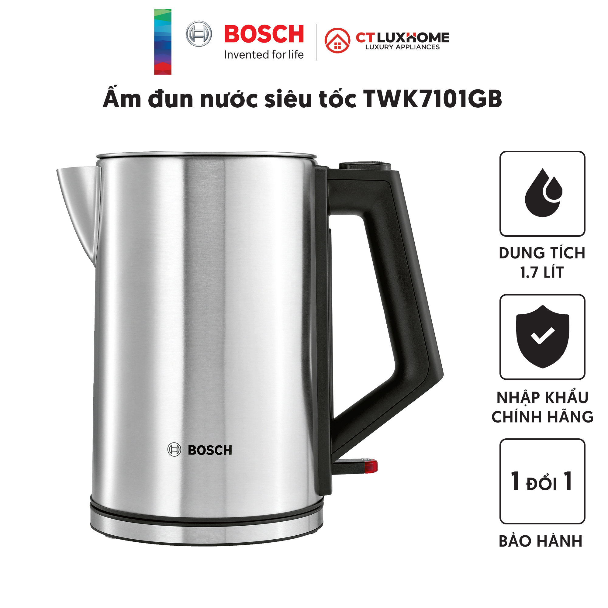 Ấm đun nước siêu tốc Bosch TWK7101GB dung tích 1.7L - 3000W - Thép không gỉ - Tấm lọc cặn vôi Limescale [Hàng chính hãng]