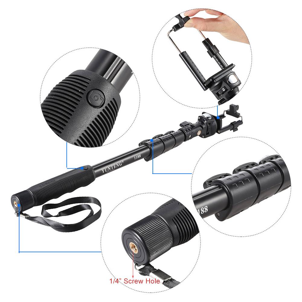 Thanh chụp ảnh tự sướng YUNTENG YT-1188 Có dây có thể mở rộng,Cực Monopod Thanh hẹn giờ 1/4 inch Vít 38cm-128cm Chiều dài có thể điều chỉnh