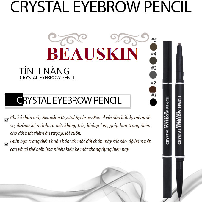 Chì kẻ mày Beauskin Crystal Eyebrow Pencil Hàn Quốc #01 Black tặng móc khóa