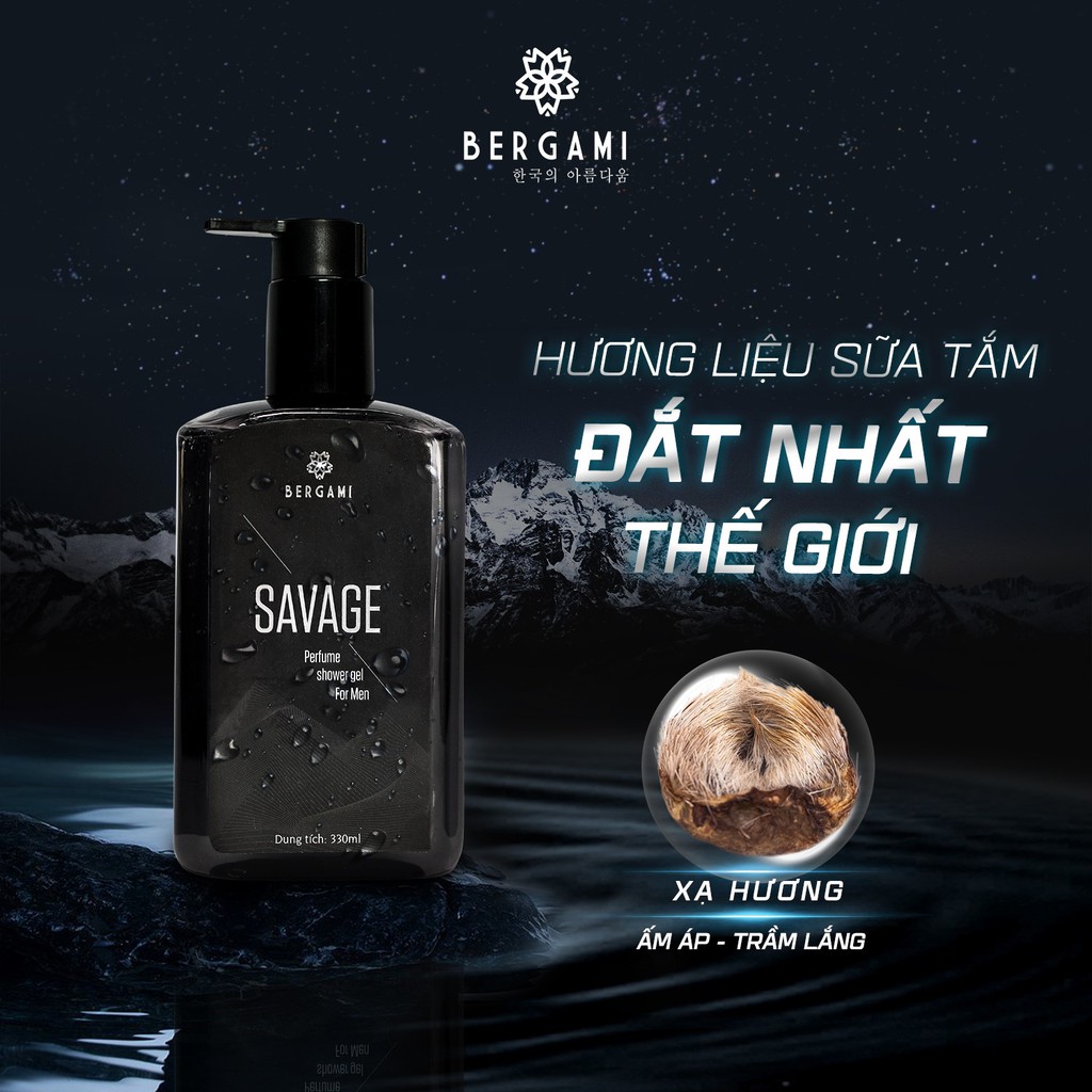 Combo Sữa tắm nước hoa nam Bergami Savage 330ml &amp; Nước hoa nam Bergami Savage Gỗ Xồi 35ml