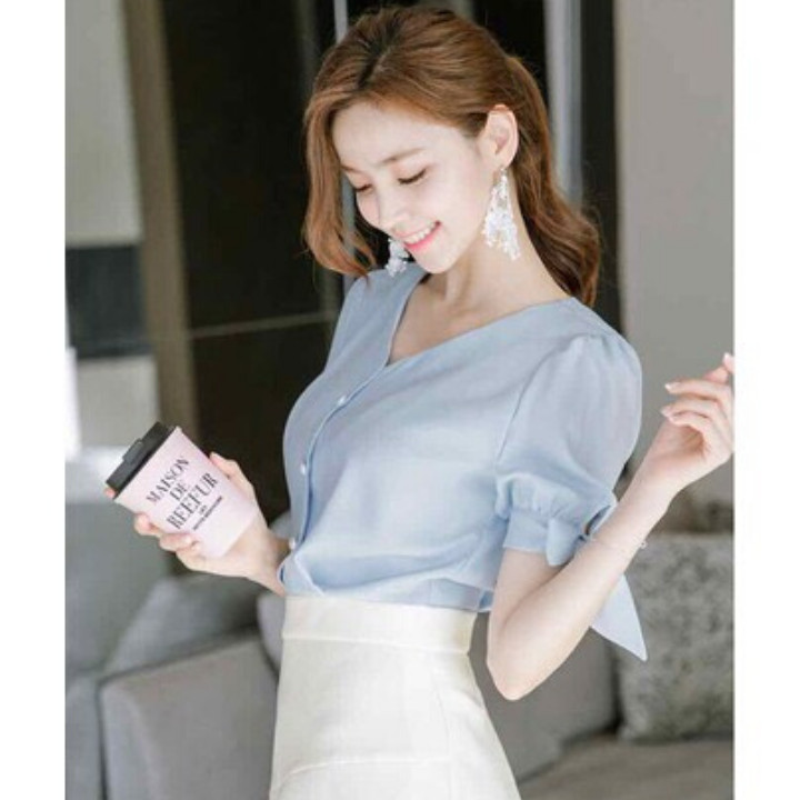 Áo kiểu nữ tay buộc nơ cổ V xinh xắn - mặc đi làm, đi tiệc form dáng chuẩn