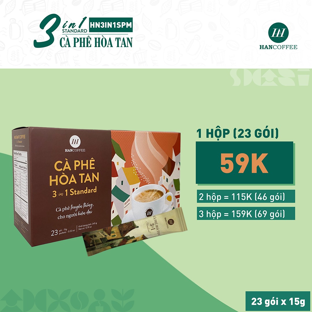 Cà Phê Hoà Tan 3IN1 Sấy Phun Standard HANCOFFEE Đậm Vị Cà Phê, Ngọt Nhẹ, Béo Ngậy 23 Gói - HN3IN1SPM