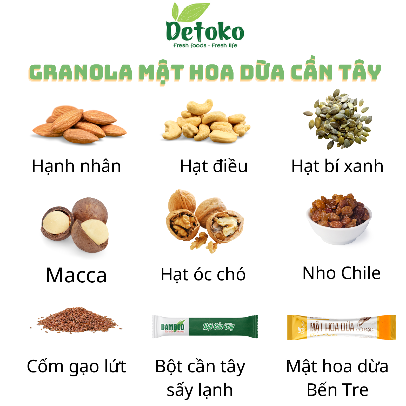 Granola cần tây mật hoa dừa Detoko siêu hạt tốt cho người ăn kiêng, bà bầu 300G