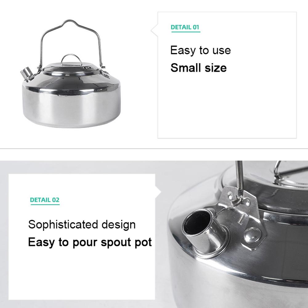 Outdoor Stainless Steel Kettle Locking Handle Camping Hung Pot Portable Coffee Pot Picnic Cooker 1L Teapot Cooking Accessory