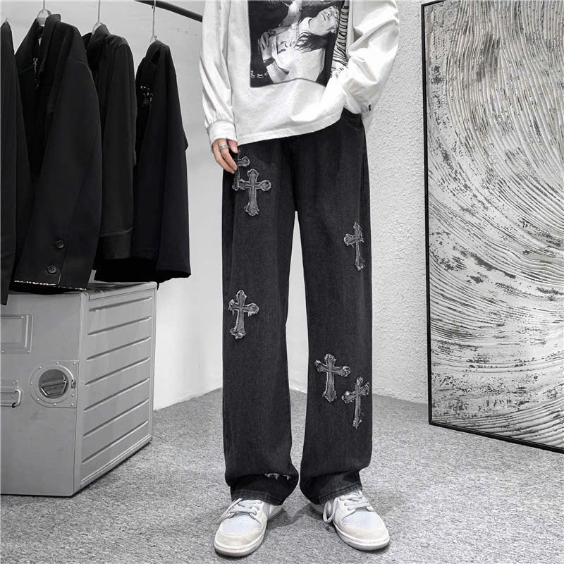 Quần jean ống rộng nam nữ 2N Unisex hình chữ thập Q06