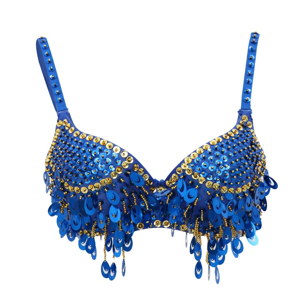 Women's Belly Dance Beaded Bra Sequins Top Sexy Dancing Singer Costume Tassels