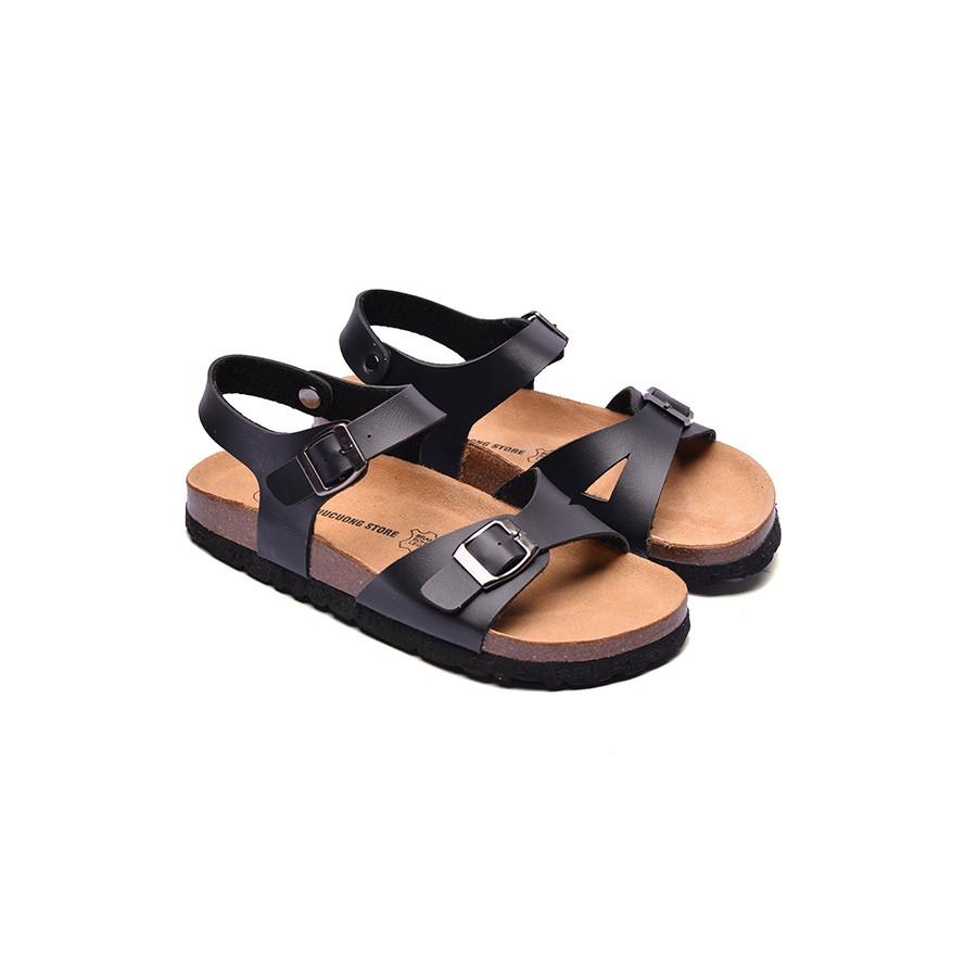 Giày Sandal nữ HuuCuong 1 khóa đen đế trấu handmade