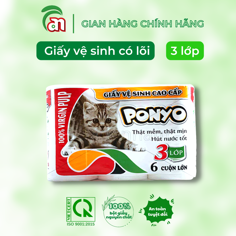 Giấy vệ sinh cuộn nhỏ có lõi PONYO 3 lớp cao cấp, siêu dày và mịn 06 cuộn/lốc - Thiên An Nam paper