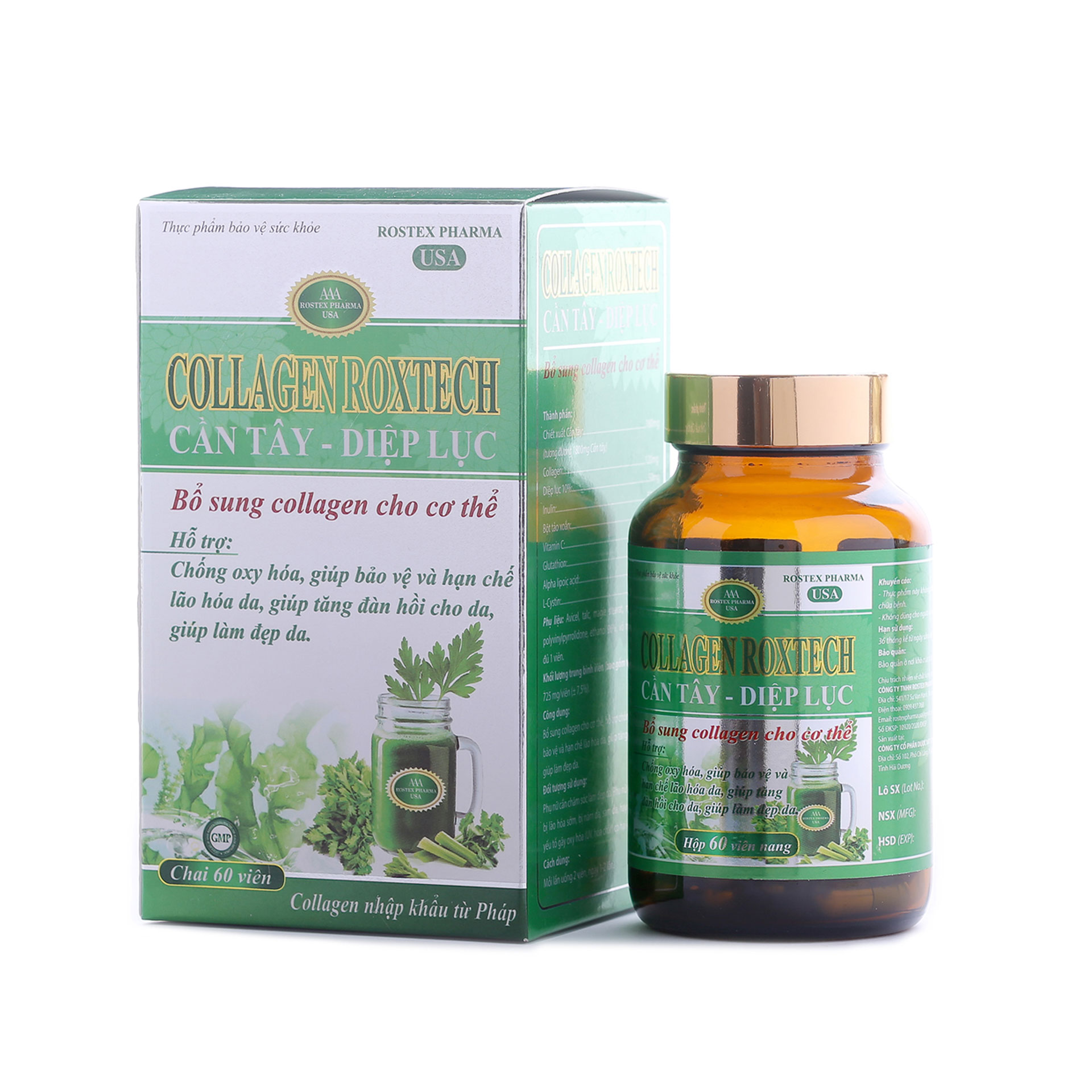 Collagen Roxtech Cần Tây Diệp Lục đẹp da, mờ nám, chai 60 viên