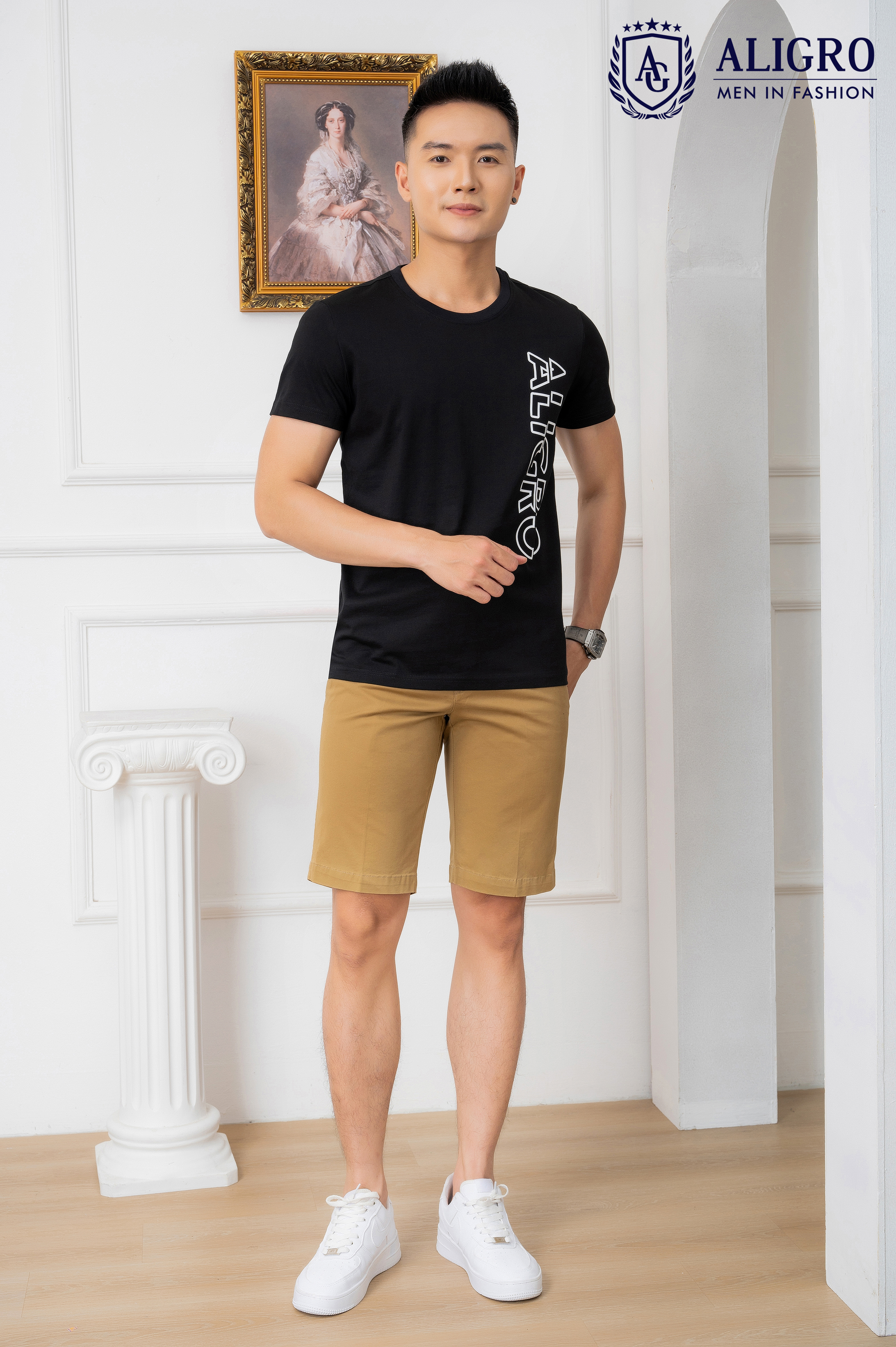 Áo thun nam ALIGRO chất liệu cotton cổ tròn kiểu dáng thể thao thấm hút tốt co giãn thoải mái ALGAPC072