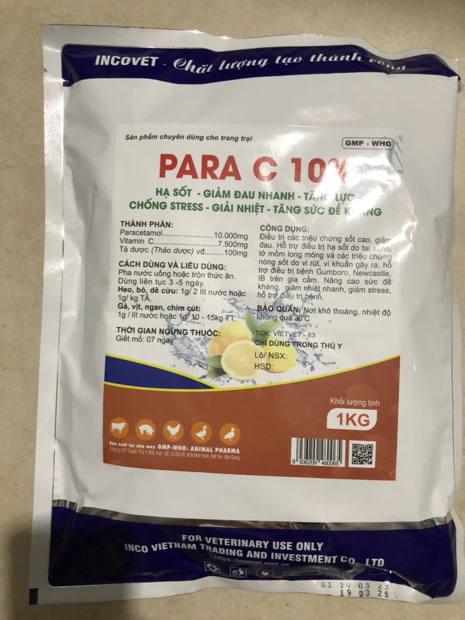 Thuốc thú y, Para C 10% 1kg-Inco dùng cho chó, mèo, gia súc, gia cầm