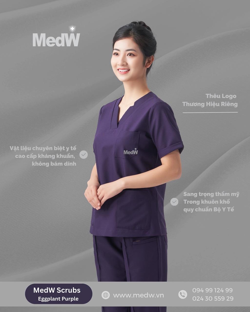 MedW Scrubs Y Tế Eggplant (Nữ)  Diana Tím Cà Sậm Bộ Trang Phục Bác Sĩ Điều Dưỡng Kỹ Thuật Spa Thẩm Mỹ Thiết Kế Pháp Trang Trọng, Vật Liệu Cotton Nhập Khẩu Chuyên Biệt Y Tế Xếp Ly Không Bám Dính Không Nhăn. Thêu Logo Thương Hiệu Riêng