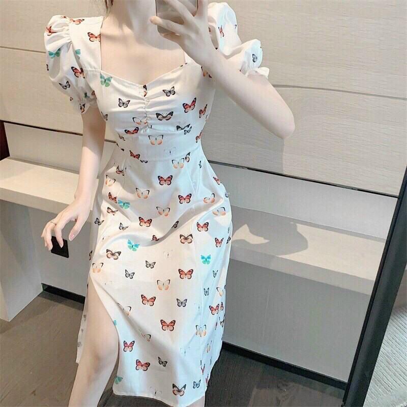 Đầm xoè hoạ tiết bướm nhún ngực tay phồng có mút ngực xinh lung linh kèm hình thật