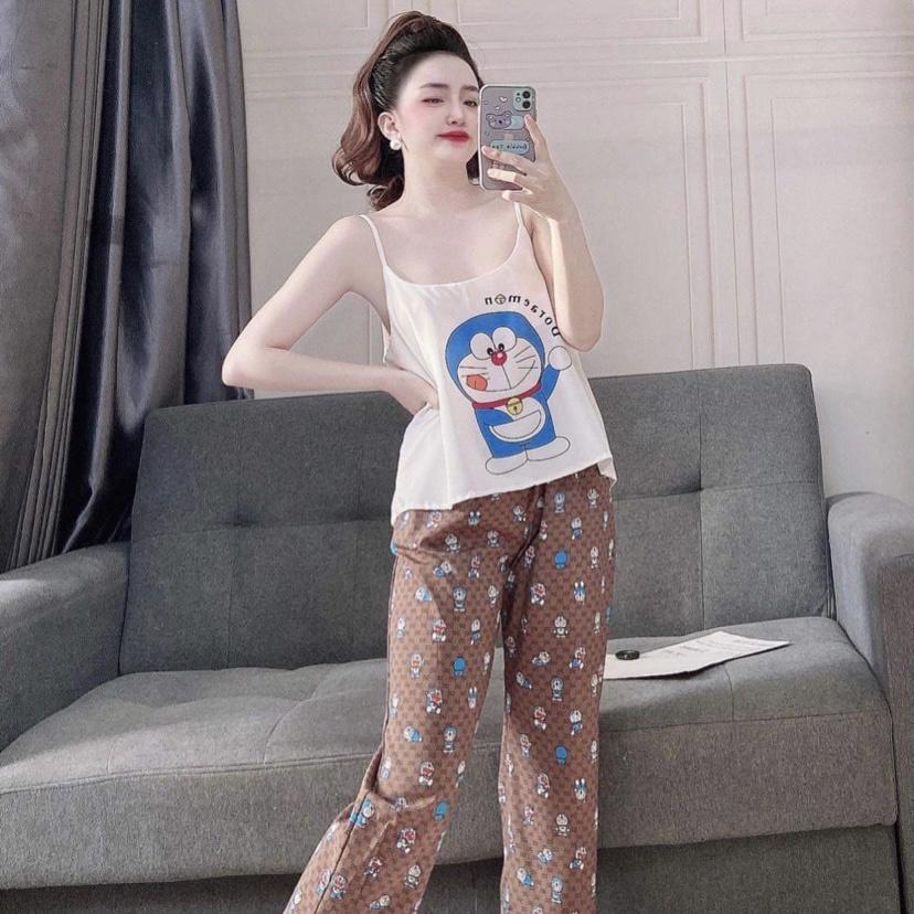 Đồ bộ nữ mặc nhà hai dâySet hai dây quần dài lụa họa tiết doraemon dễ thương FREESIZE 48-62KG