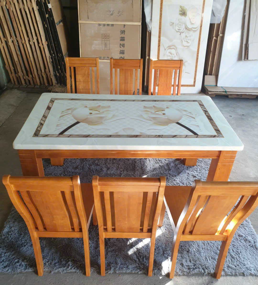 Bộ bàn ăn nhập khẩu Juno Sofa bàn 1m6 và 6 ghế sang trọng, hiện đại