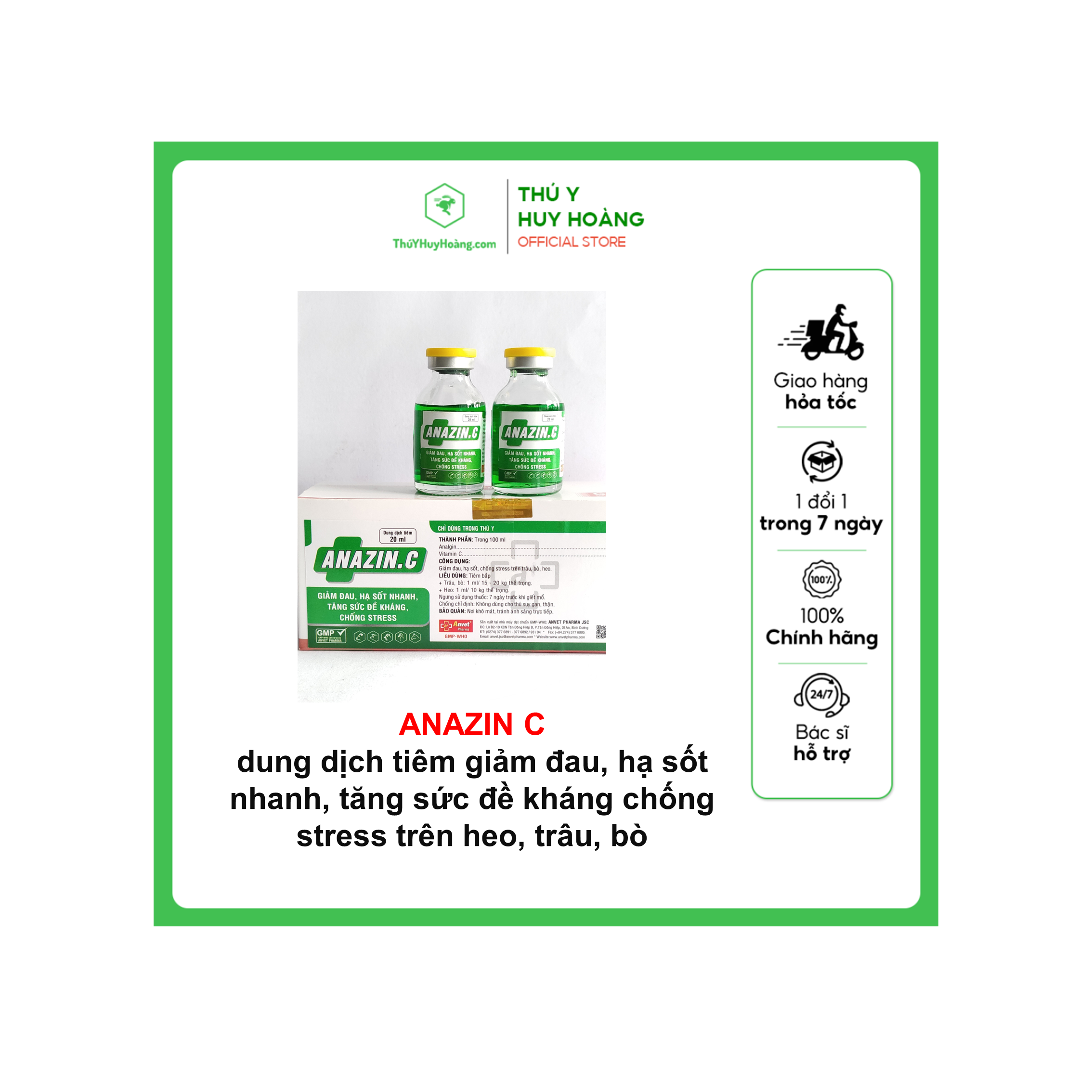ANAZIN C 20ML dung dịch tiêm giảm đau, hạ sốt nhanh, tăng sức đề kháng chống stress trên heo, trâu, bò