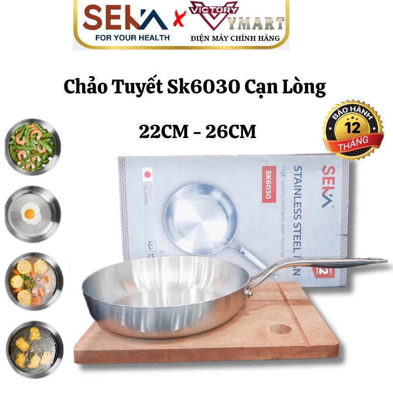 Chảo Inox SEKA Cạn Lòng SK6030 - 5 Lớp Nguyên Khối Chống Dính Size 26cm, 22cm, 16cm Dùng Cho Mọi Loại Bếp - Hàng Chính Hãng