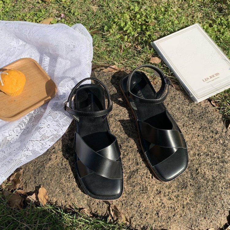 Fashion Square Open Toe One Line Buckle Flat Sandals for Women