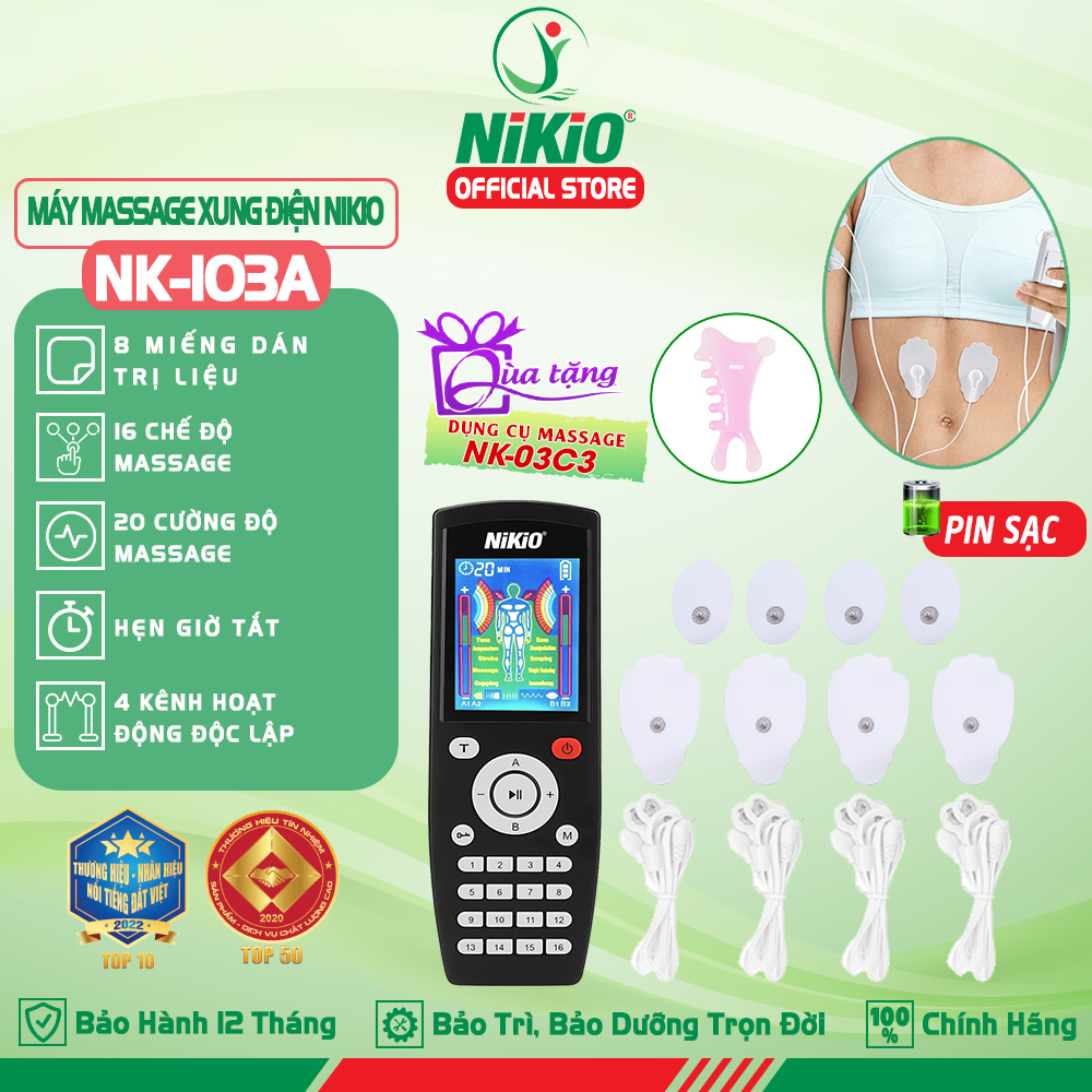 Máy massage xung điện Nikio NK-103A - 4 kênh, 8 miếng dán, 16 chế độ, 20 cường độ tùy chỉnh