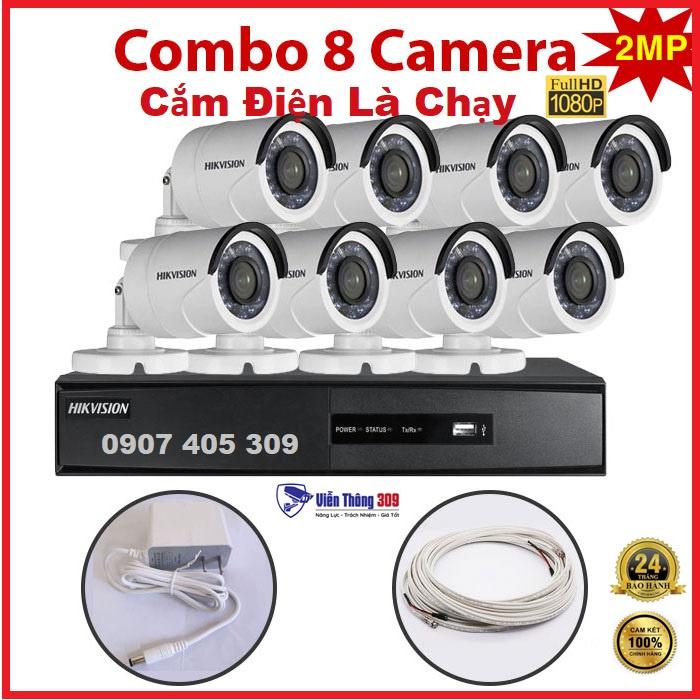 Trọn bộ 8 Camera 2MP DS-2CE16D0T-IR(C) + Đầu ghi hình Hikvision - Full phụ kiện - Cắm điện là chạy - Hàng chính hãng