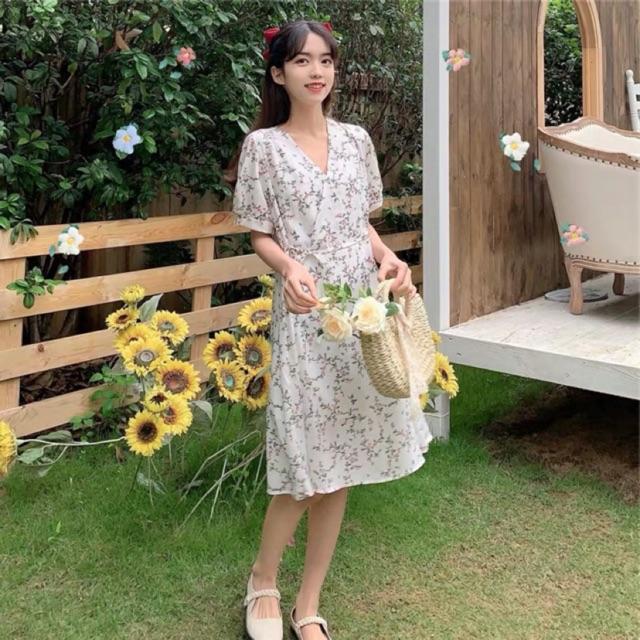 Váy hoa vintage cổ chéo hoa tiết hoa nhí Ulzzang style VKE7026 Hàng Quảng Châu