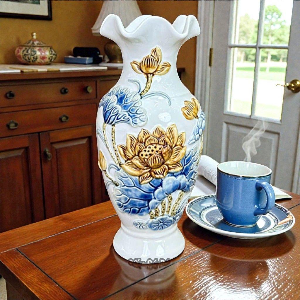 Lọ Lộc Bình Men Trắng Họa Tiết Hoa Sen RỒNG VIỆT - Bình Cắm Hoa Gốm đắp nổi Bát Tràng Thờ Cúng