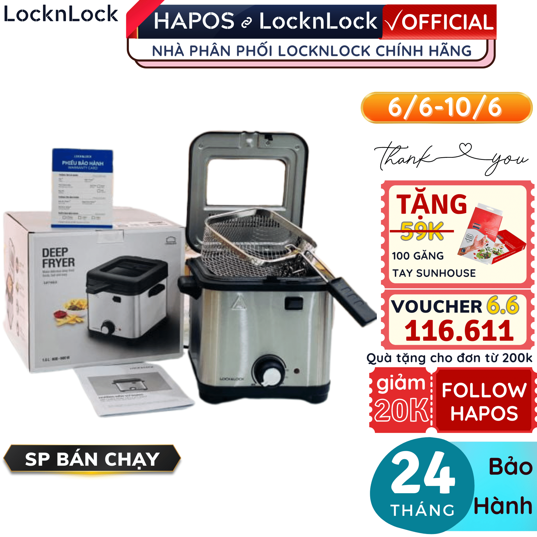 Nồi chiên ngập dầu Lock&amp;Lock EJF716SLV 1.5 lít có nắp kính ngăn dầu bắn ra ngoài - Hàng chính hãng - Hapos