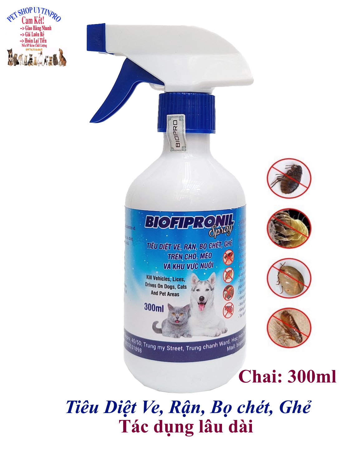 Chai xịt tiêu diệt sạch ve rận bọ chét ghẻ cho Chó, Mèo BioFipronil chai 300ml Tác dụng lâu dài Sx tại Việt Nam