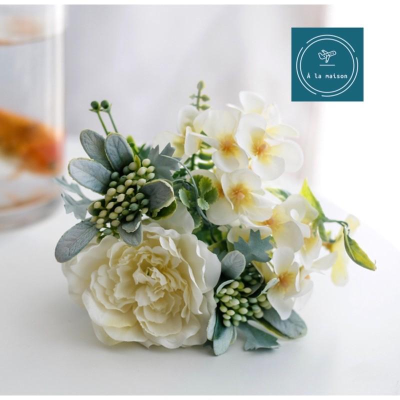 Cụm hoa hồng trà mẫu đơn thiết kế tinh tế hài hoà 20cm, hoa cô dâu, hoa decor, hoa lụa cao cấp