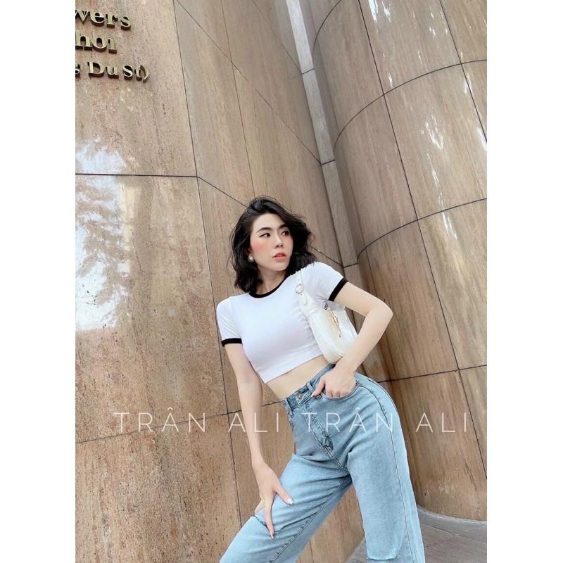 áo croptop trơn phối viền siêu cute chất borip lụa dày mịn-N