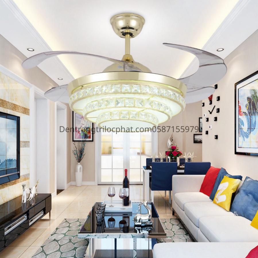 Quạt trần, quạt trần trên nhà đèn Ca Sỹ Pha Lê 872 giấu cánh tô điểm phòng tiếp khách tối tân