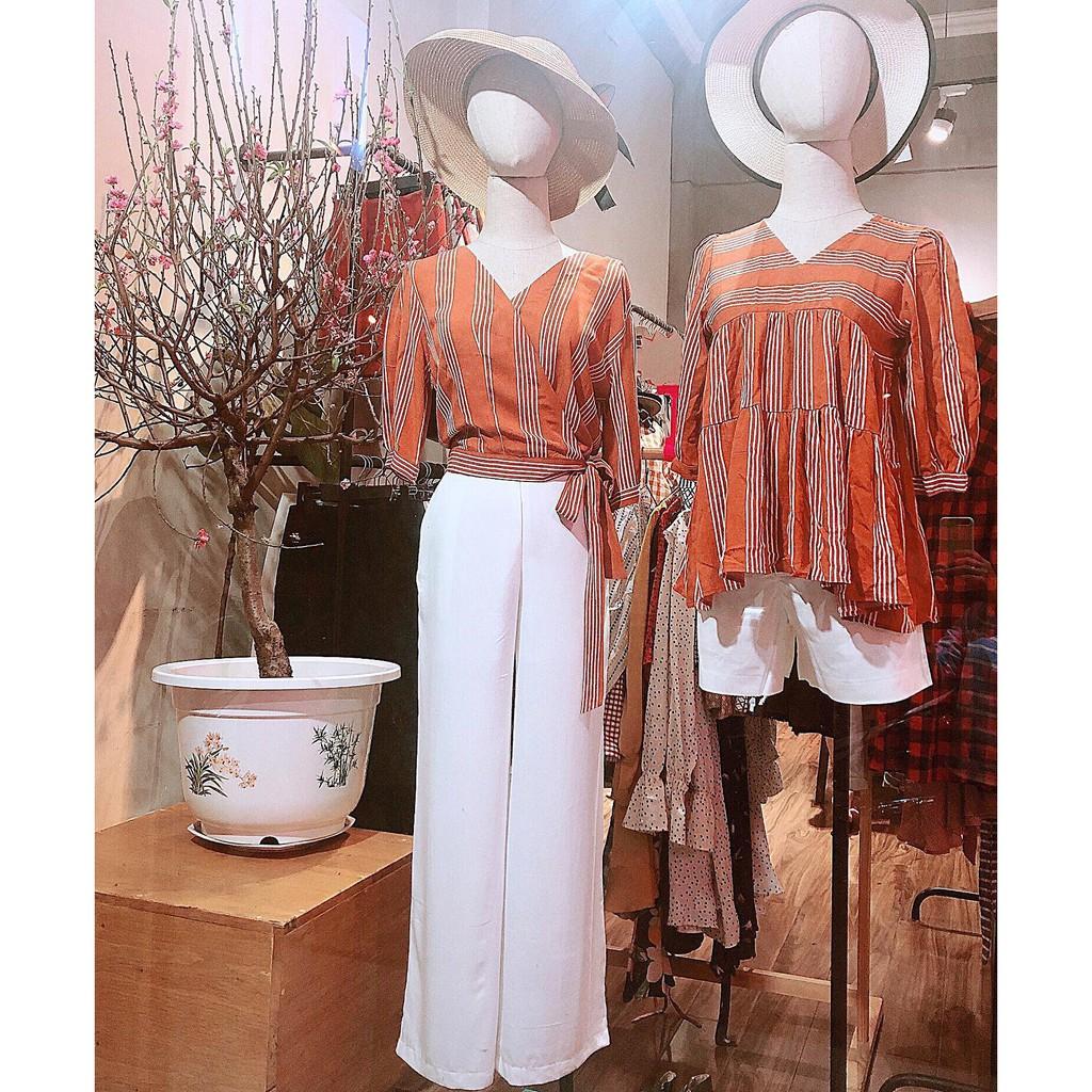 Áo crop top sọc Cam cột nơ
