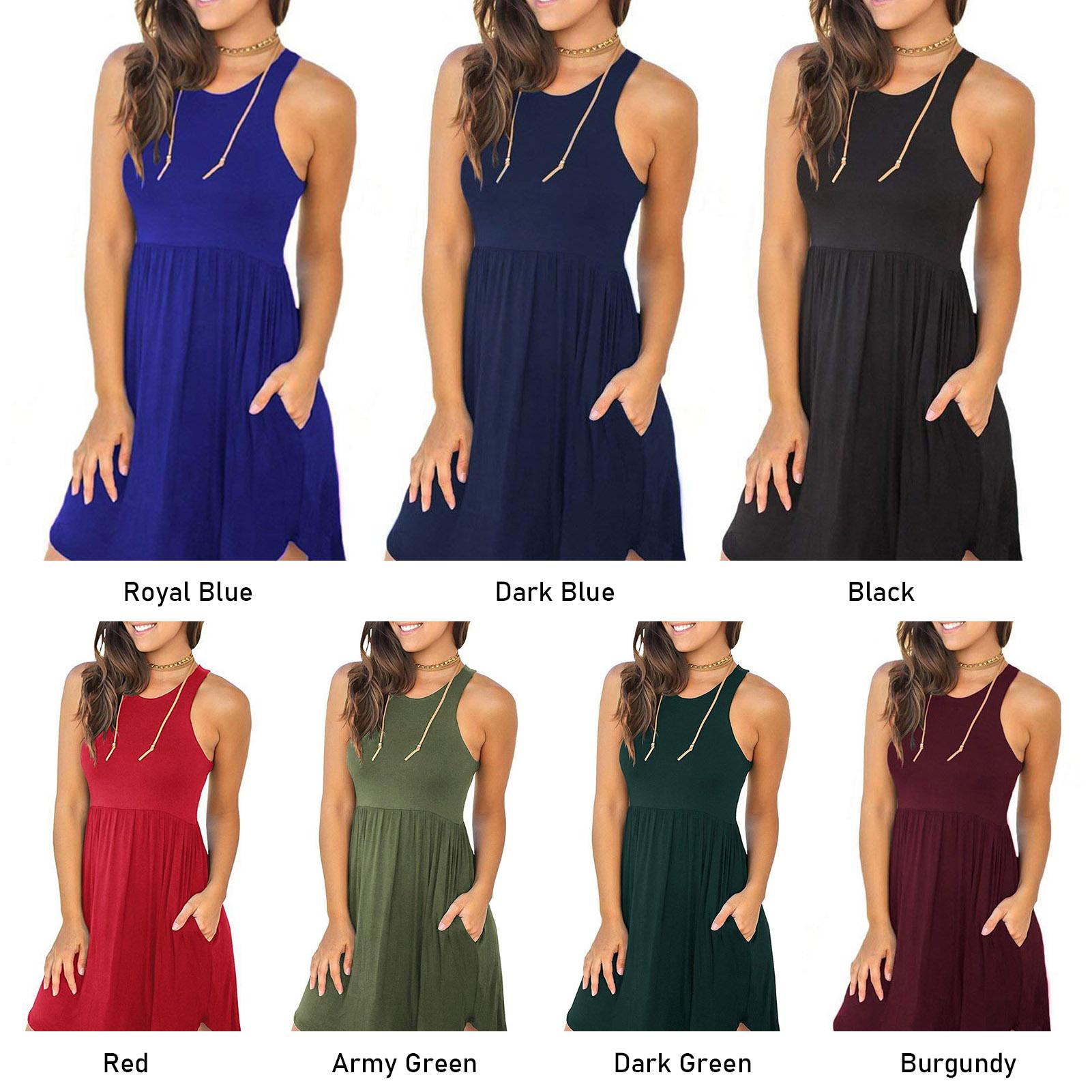 Women Solid Mini Dress with Pockets Sleeveless O-Neck Summer Casual Sundress