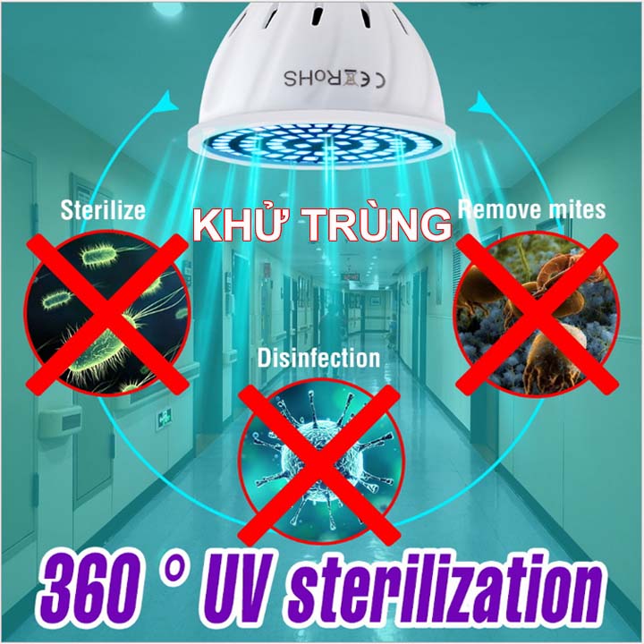 Đèn led UV khử trùng-diệt khuẩn đui xoáy E27, loại 60 LED hoặc 80 LED tùy chọn