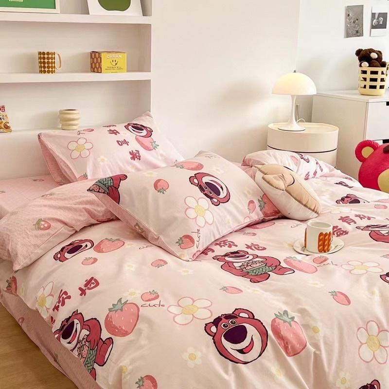 Set Cotton Living Hàng Nhập Khẩu Cao Cấp 4 Món Gấu Hồng