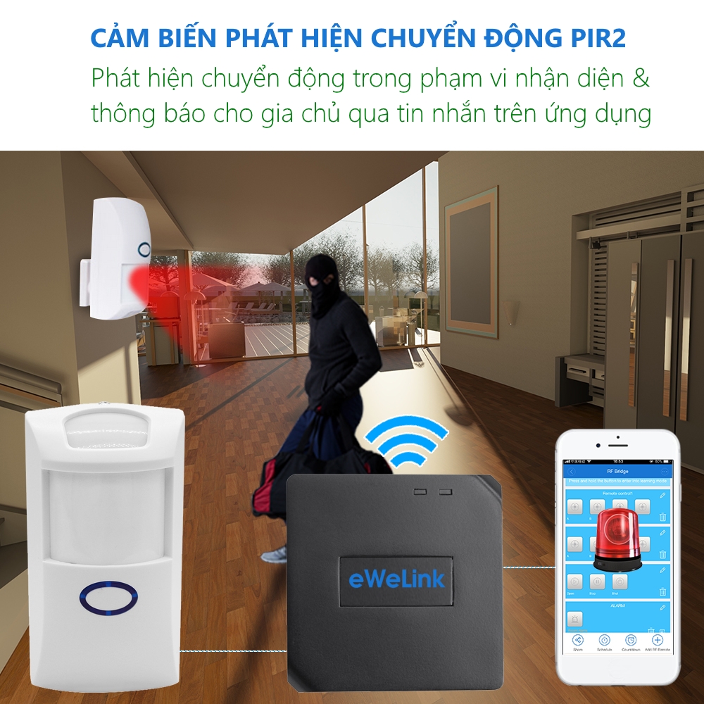 Bộ 3 Thiết Bị Sonoff Cửa Từ DW1+ Bộ Chuyển Trung Tâm+ Đầu Dò Hồng Ngoại Báo động chống trộm