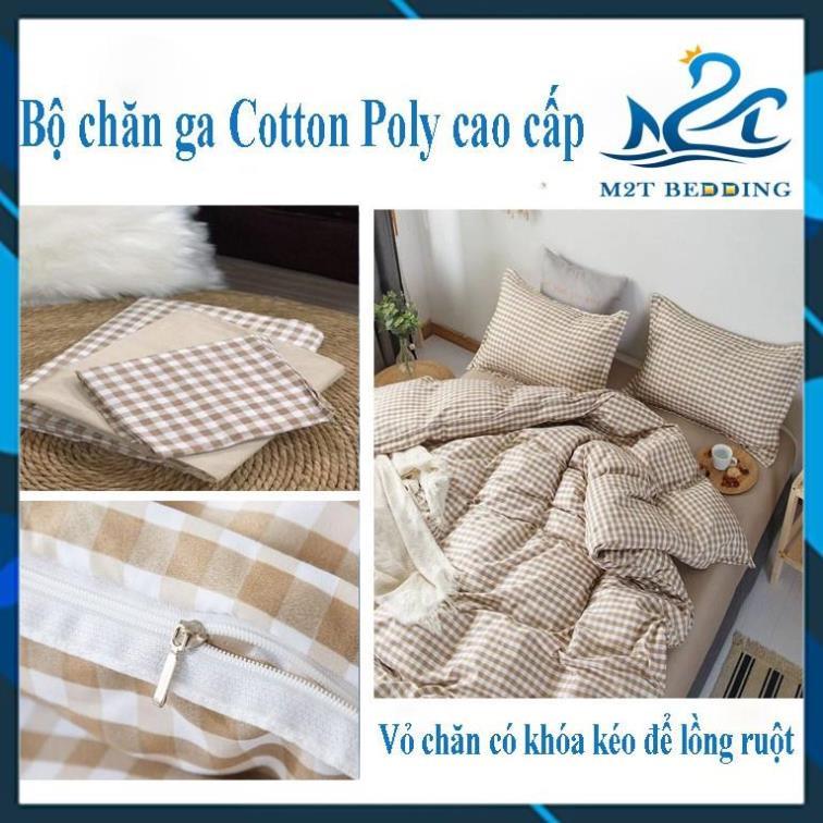 Bộ chăn ga gối Cotton poly Bedding grap Caro nâu be, vỏ chăn mền, drap nệm và 2 vỏ gối