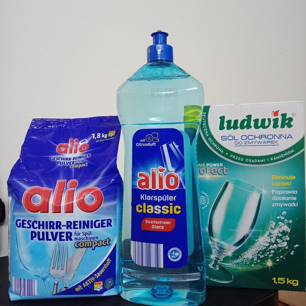 Combo: Bột Alio 1.8kg + Muối rửa chén bát Ludwik 1.5kg + Nước làm bóng Alio 1000ml