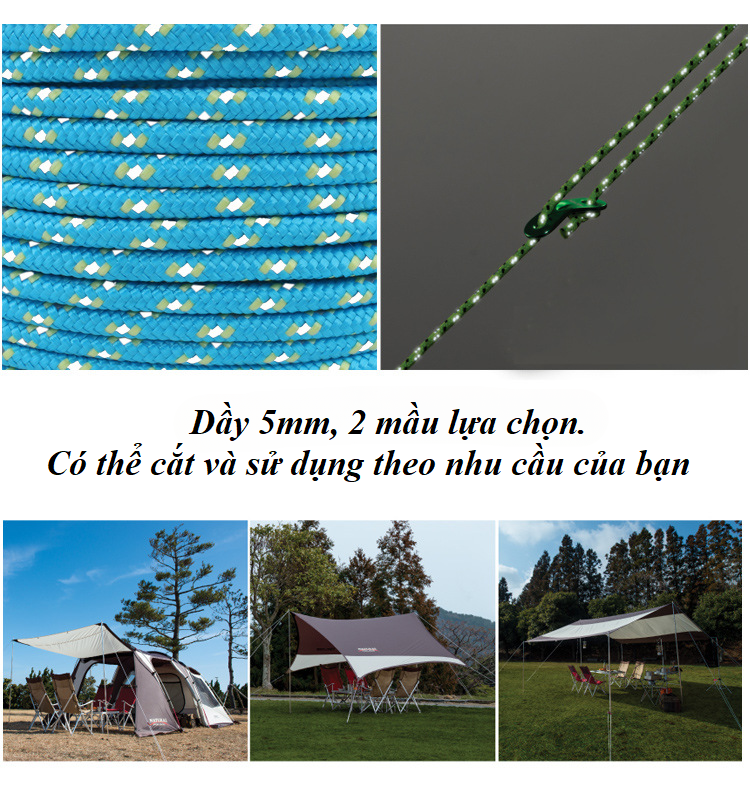 Dây phản quang dày 5mm, dài 50m, được sử dụng làm dây buộc lều cắm trại, dã ngoại, dây phơi quần áo... 50m/cuộn