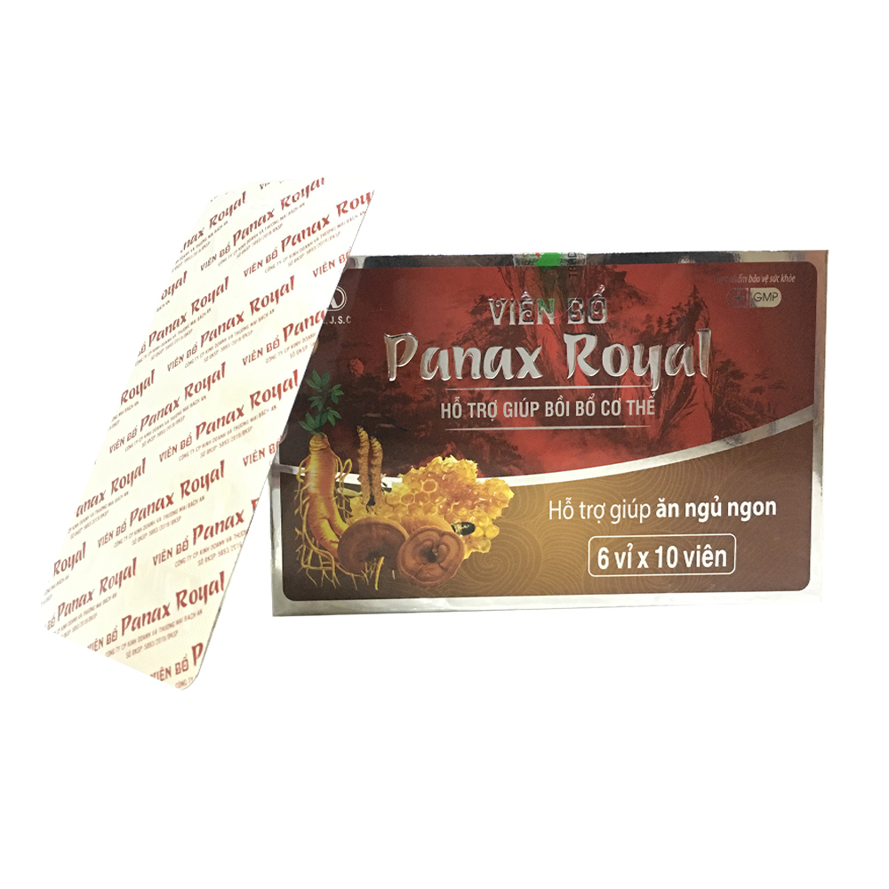 TPCN - Viên Bổ Panax Royal - Hộp 6 vỉ x 10 viên - Giúp bồi bổ cơ thể, tăng cường sức đề kháng, tăng cường hấp thu và chuyển hóa chất dinh dưỡng. Giúp ăn ngon, ngủ ngon.