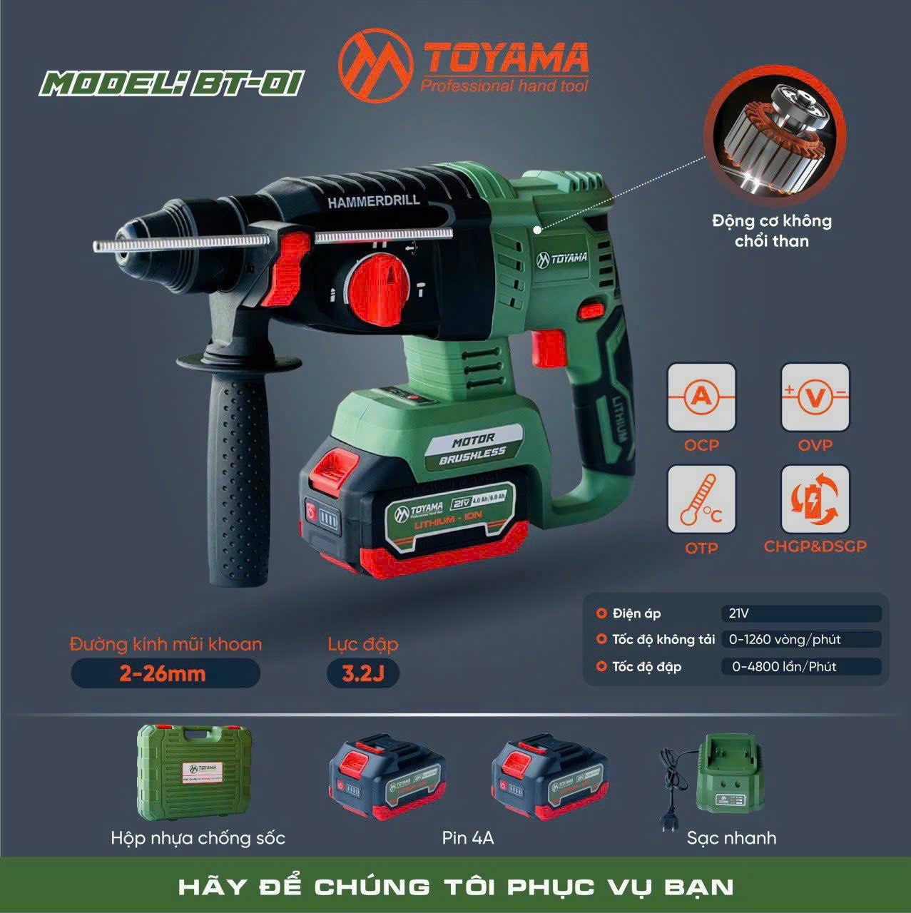 Hình ảnh MÁY KHOAN BÊ TÔNG 3 CHỨC NĂNG DÙNG PIN 21V TOYAMA BT-01 - HÀNG CHÍNH HÃNG