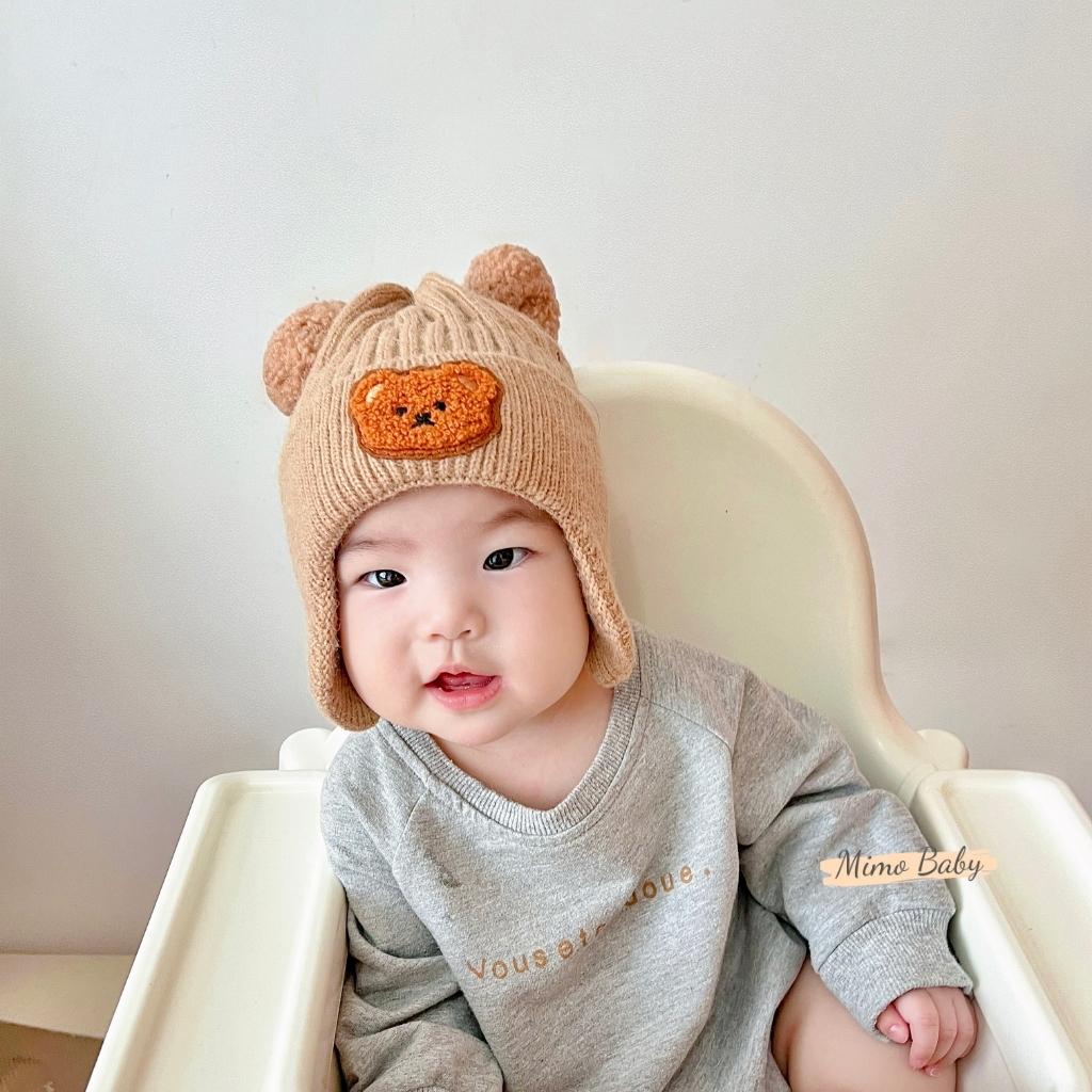 Mũ nón len bịt tai mùa đông cho bé đính hình gấu tai bông dễ thương ML214 Mimo Baby