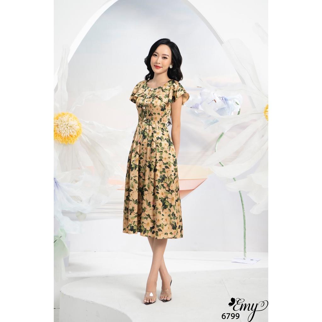 Đầm EMY EM6799 Xoè Cổ Bèo HT Hoa