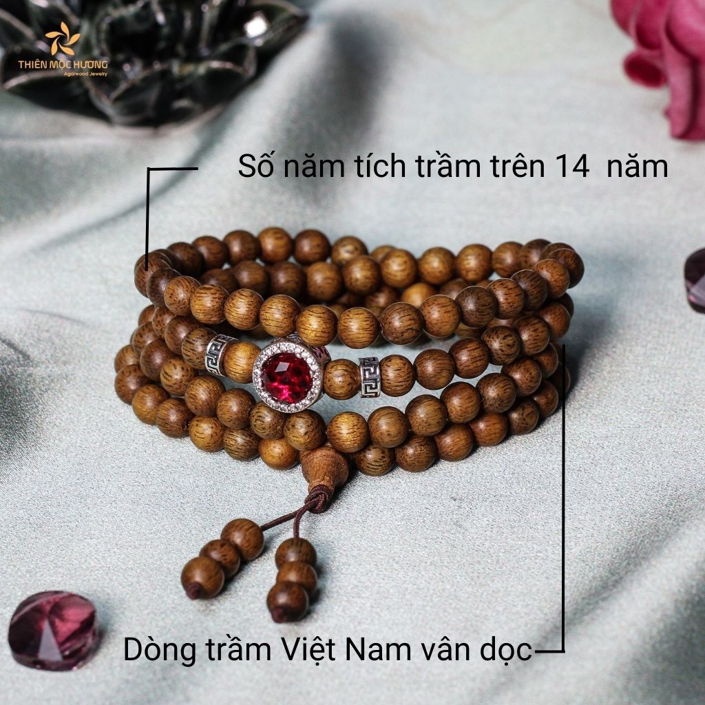 Vòng tay trầm hương 108 hạt Minh Nguyệt Thiên Mộc Hương dòng Việt Nam vân dọc, thành công, hạnh phúc