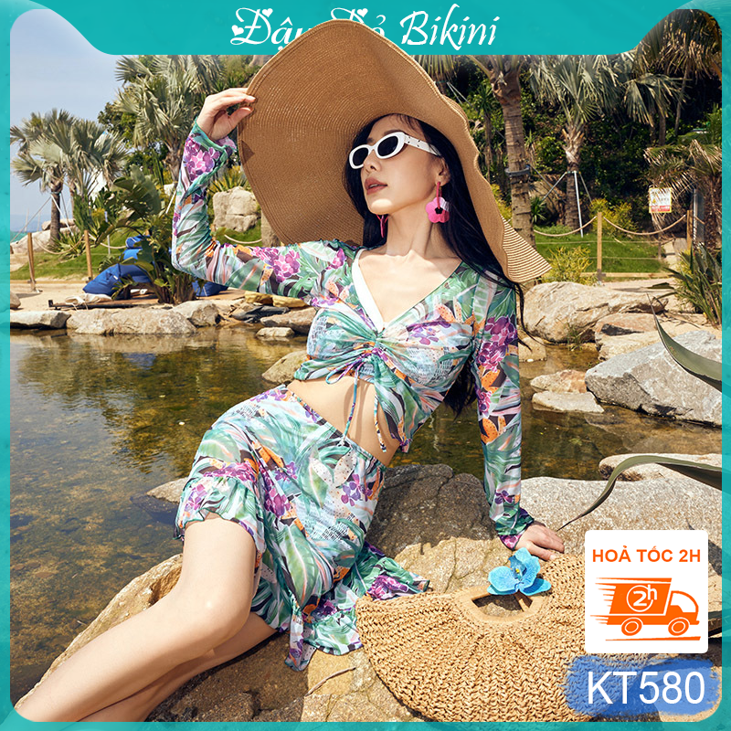 Set bơi nữ 4 chi tiết nữ cao cấp dài tay chống nắng, phong cách sang chảnh nổi bật, lên hình cực xinh, thoải mái quyến rũ, tự tin khoe dáng | KT580